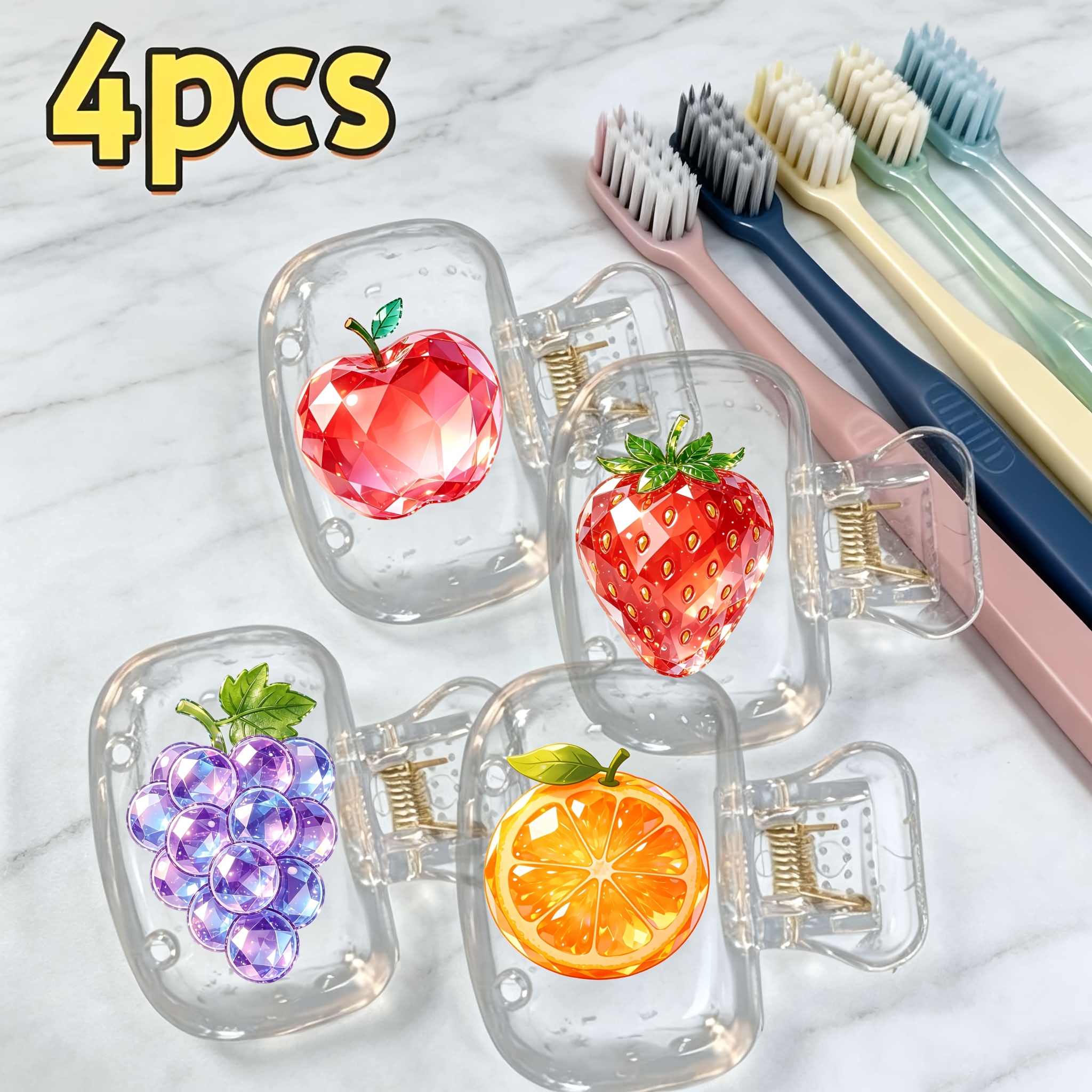 TEMU 4pcs Housse de tête de brosse à dents portable avec motif 2D série Fruits en cristal, Boîte de rangement, de place et portable, Support de tête