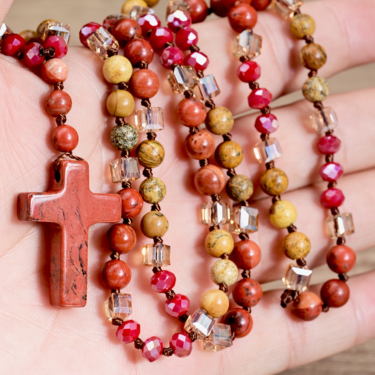 Women's Boho Red Jasper Cross Long Pendant Necklace, Vintage Handmade
