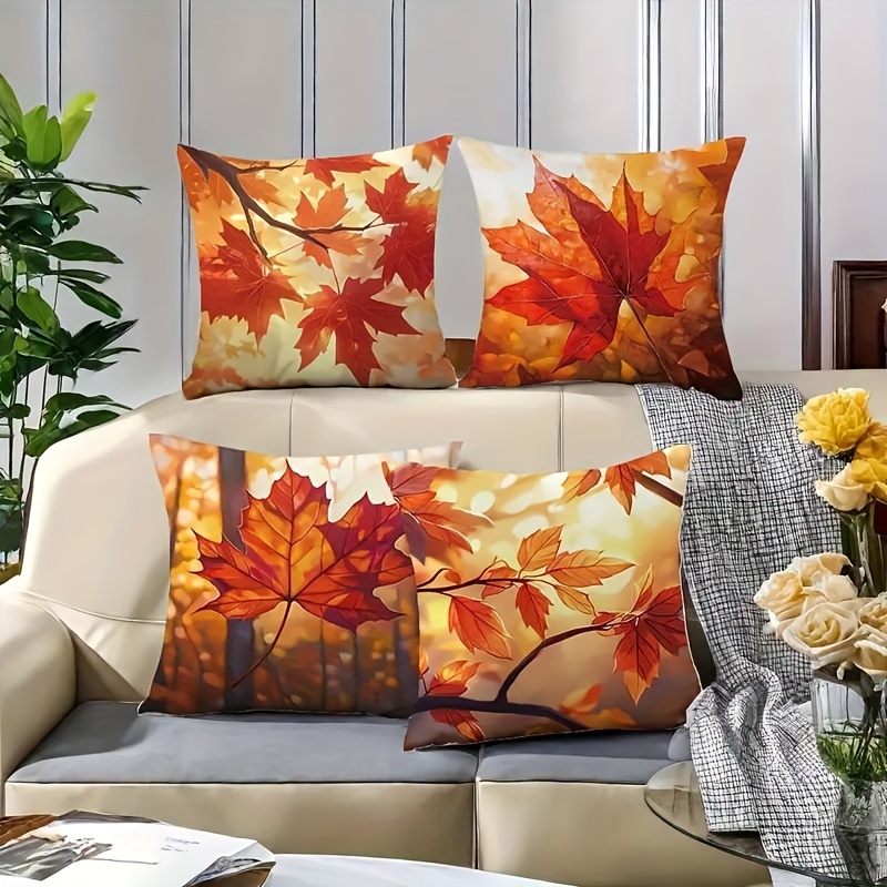 

4pcs Set Autumn Maple Leaf Throw Pillow Covers - Soft Polyester, Zippered, For Living Room & Thanksgiving Decor (inserts Not Included)