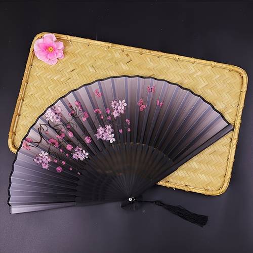 1pc elegant cherry bamboo folding fan vintage style black to purple gradient tassel detail traditional chinese hanfu dance accessory portable handheld fan decorative gift for for graduation season fan decoration traditional design durable fan