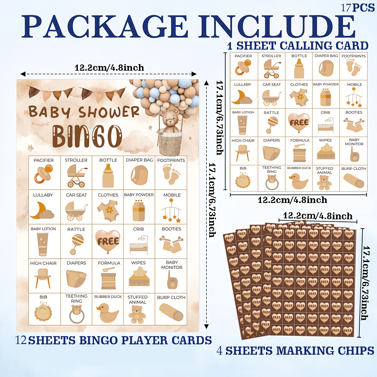 TEMU 17pcs Teddy Bear Shower Bingo Game Card Set, Including 12 Gender-neutral Supplies Themed Bingo Cards, 1 Calling Card And 4 Marker Chips, Perfect