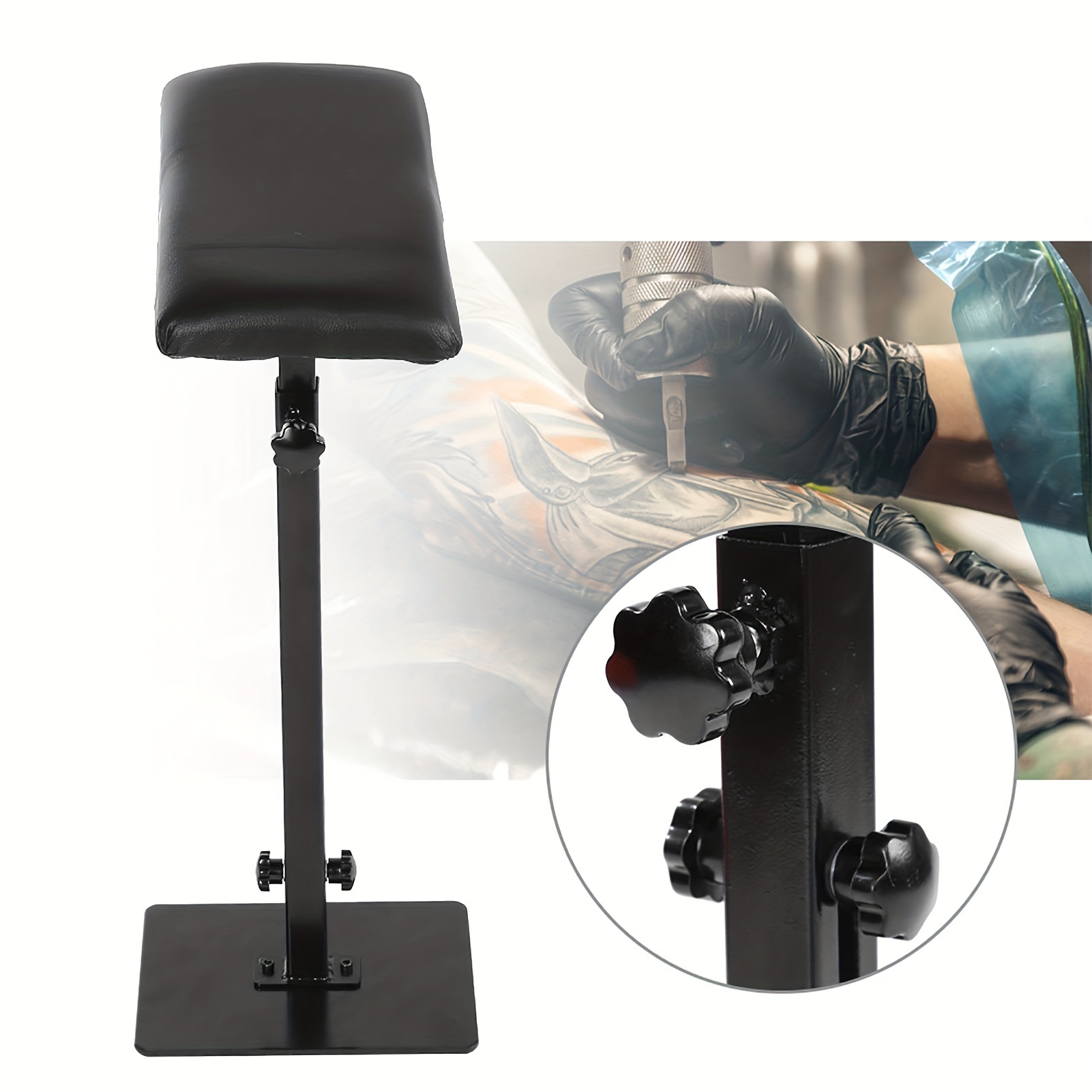 

Professional Tattoo Armrest Stand Legrest Bracket, Tattoo Arm Rest With Non-slip Base, Adjustable Height Leg, Tiltable, Thickened Black Leather Cushion With Tattoo Supplies Storage Panel