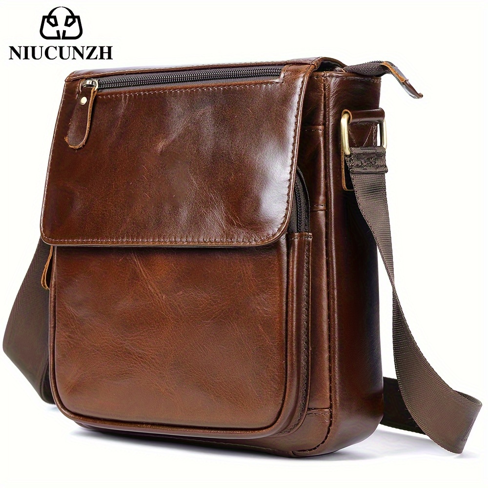 Bolso Bandolera de Cuero para Hombre Bolso de Correa Ajustable,  Múltiples Compartimentos y Bolsillos con