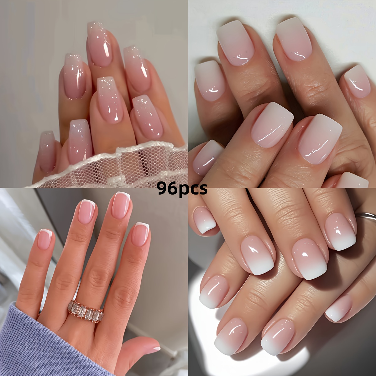 TEMU 96pcs Square Short Square Simple Gradient Press-on Nails, Sweet Gradient Press-on Fake Nails, Cute Simple Glossy Shiny Nail Stickers, Bridal