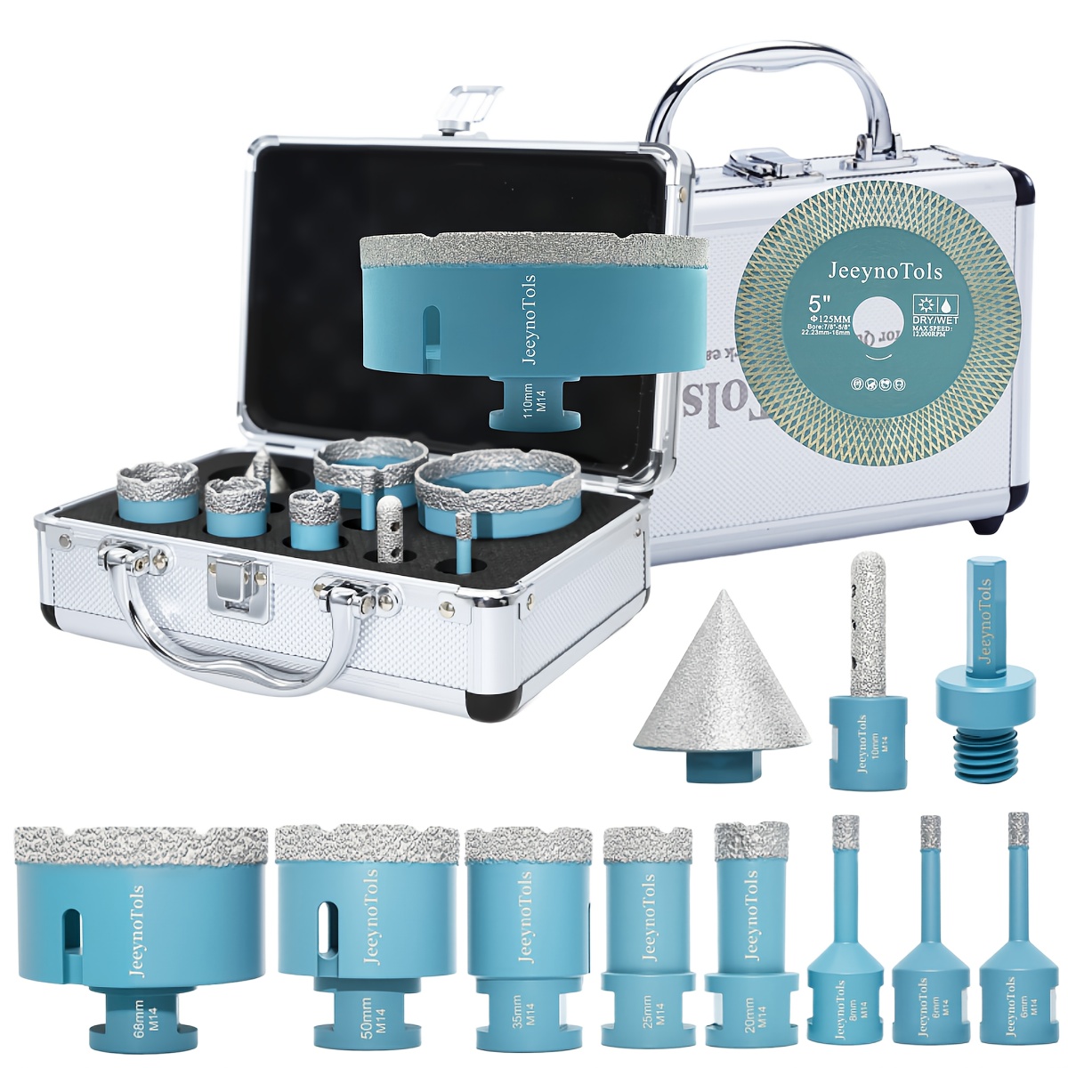 TEMU Kit de 13 pièces de mèches à carottage diamantées, mèches de 6/6/8/20/25/35/50/68/110mm & de 10mm & à chanfreiner de 50mm & adaptateur, filetage