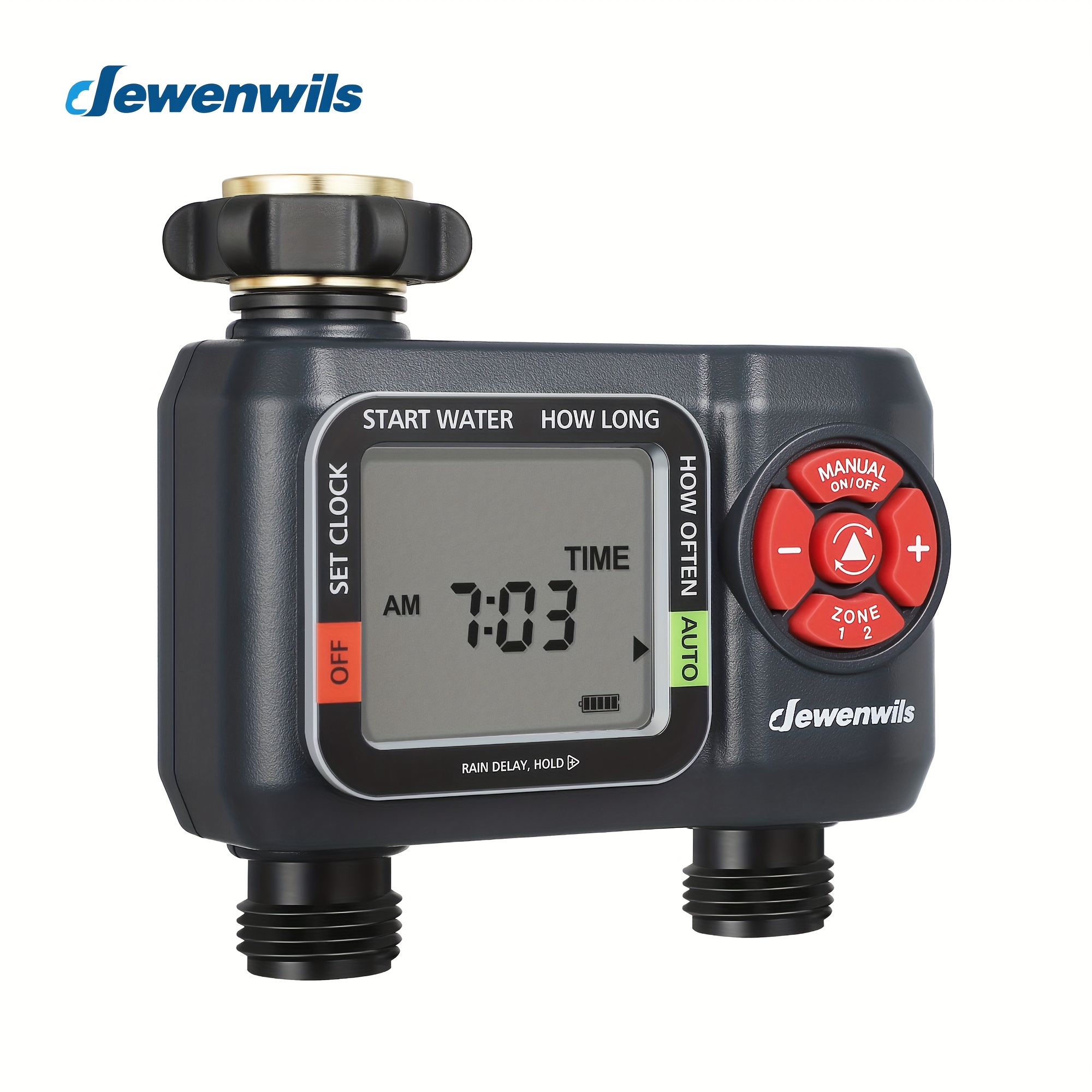 

Dewenwils Sprinkler Timer 2 Zone, Outdoor Programmable Water Hose Timer, Auto Manual Rain Delay Mode Automatic Faucet Watering Irrigation Time