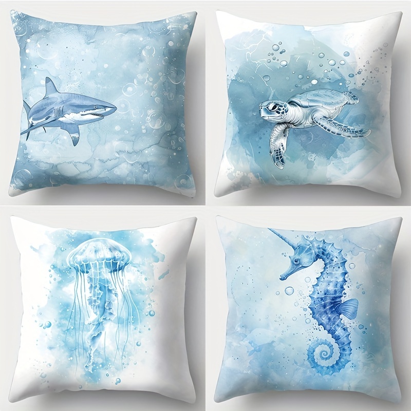 

4-piece Set Ocean-inspired Throw Pillow Covers - 18x18 Inch, Soft Polyester, Zip Closure - Perfect For Living Room, Bedroom, And Car Decor - Hand Wash Only (inserts Not Included)