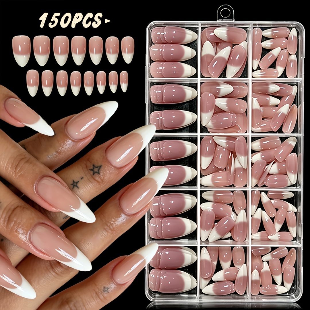 TEMU 150pcs French Tip Press On Nails Suitable For Women - Long Almond Shape Nude White False Nail Tips With Storage Box, Glossy Full Cover Reusable