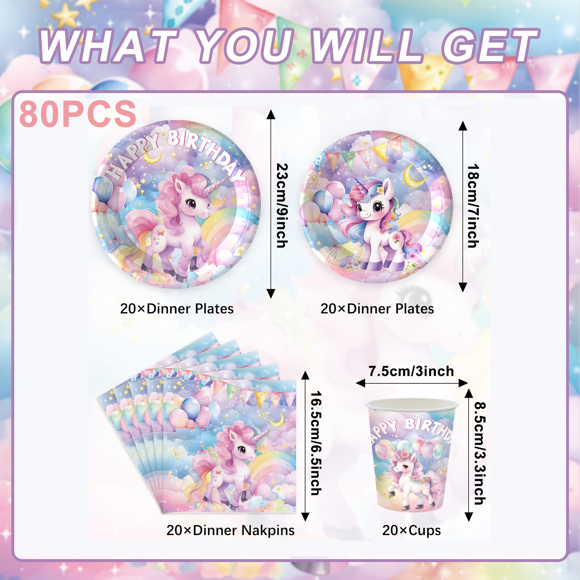 Image of 60/80pcs Rainbow Unicorn Party Tableware Set, Includes Paper Plates, Paper Cups, Napkins, Party Supplies, Holiday Decorations, Serves 20 People, Party Packs I Perfect For Halloween
