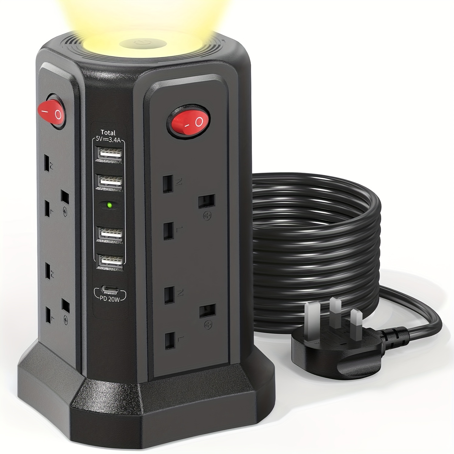 TEMU Extension Cord With Usb Plug And Night Light, 13a 3250w Extension Tower With 5 Usb Ports And 8 Way Plugs, Protection Device For Extension Cord