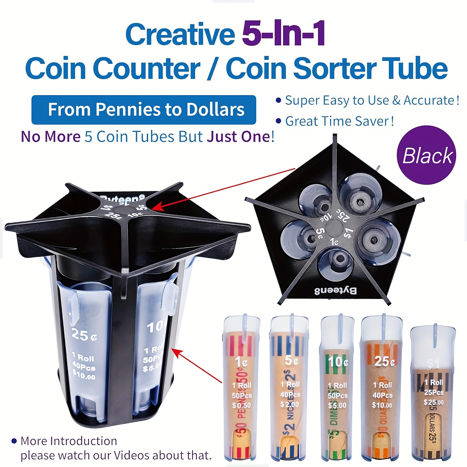 

1pc 5-in-1 Coin Sorter And Storage Container, Black Plastic Coin Counting Tube, Portable Money Organizer – Holds $0.01 To $1 Coins, Easy Roll Wrapping