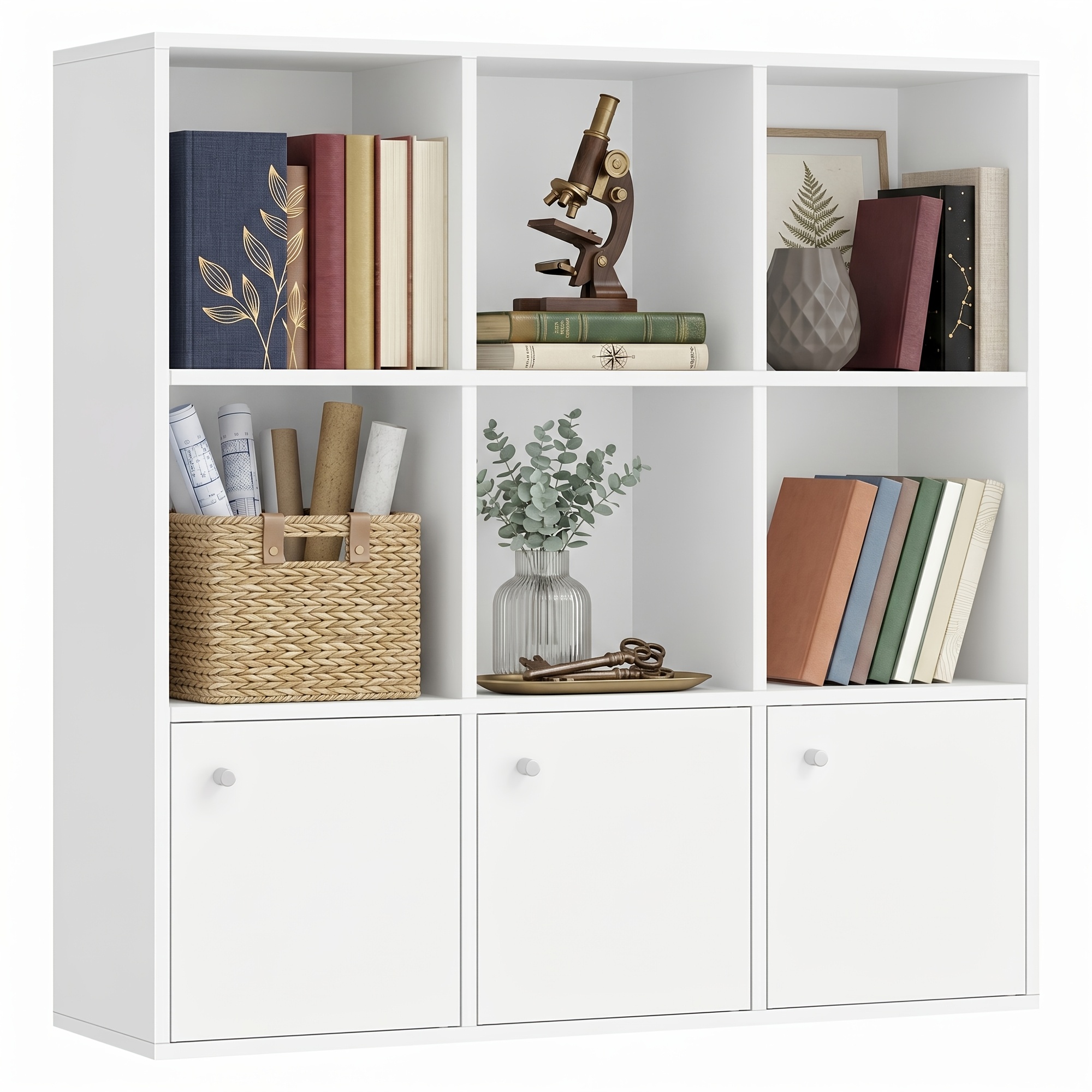Image of 9-cube Bookshelf, Display Storage Shelf With 3 Bottom Cabinets, Home Office, White, 29 X 97.5 X 97.5cm