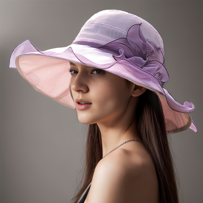 Mulberry Silk Flower Sun Hat, Bucket Hats Wide Brim Derby Hats Summer UV Protection Sunshade Hats for Women,SUN/UV Protection,Temu