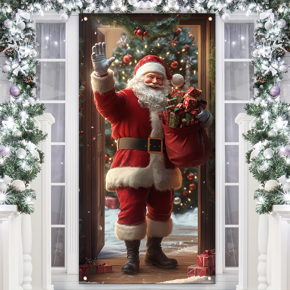 

Christmas Santa Door Cover Banner, 1 Piece, 100% Polyester Fabric, Vintage Santa With Gifts Welcome Sign For Porch Wall Decor, Reusable And Washable, Party Supplies