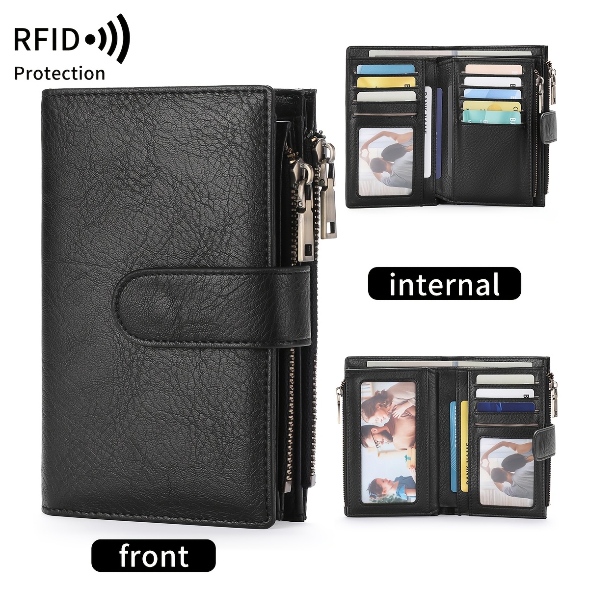 TEMU Vintage Triple Fold Rfid Blocking Ladies Purse, Multi Card Slots Photo Holder Double Zipper Coin Pocket Ladies Wallet, Large Capacity Organizer,