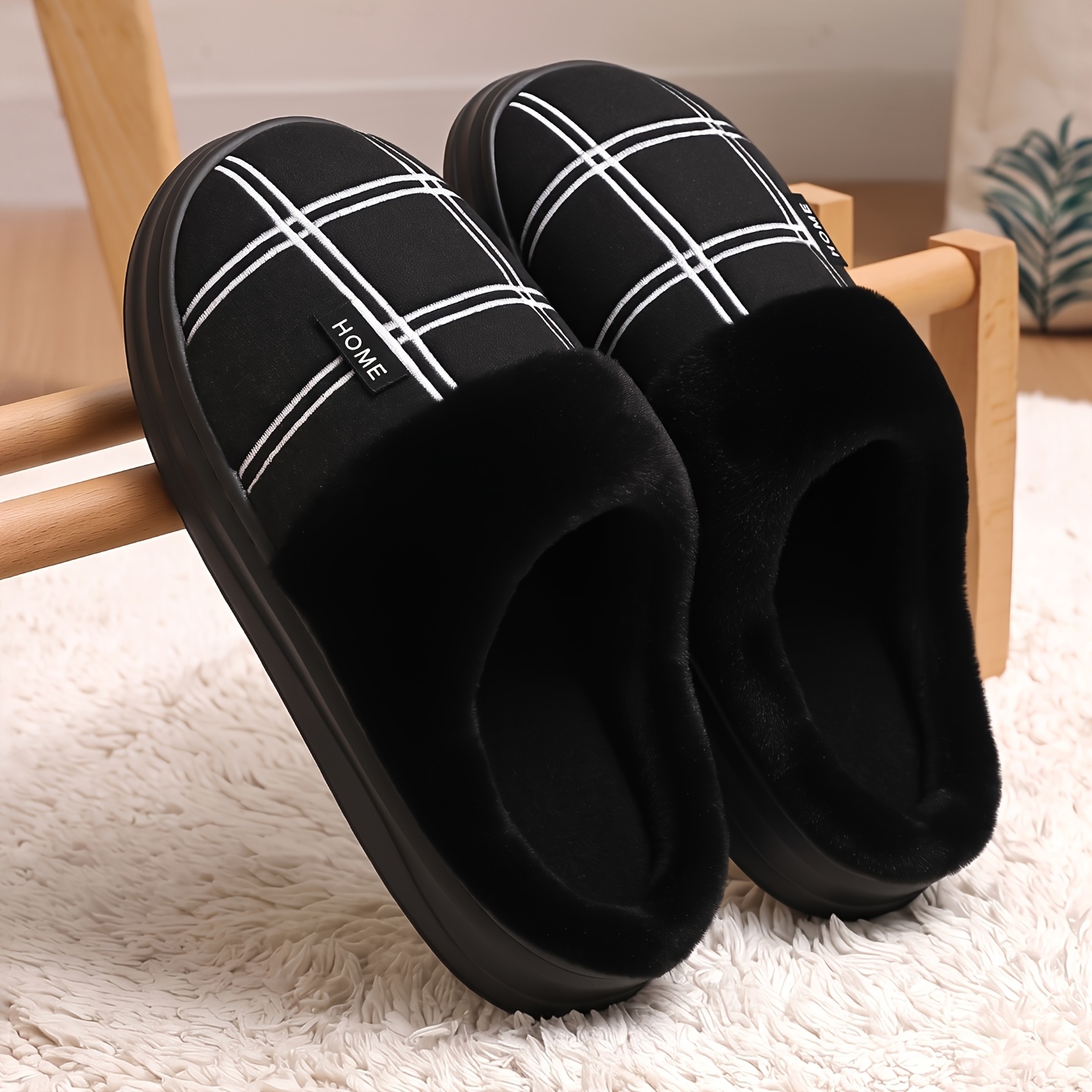TEMU Fzt Autumn Winter Men's Slippers, Indoor Home Plush Warm Comfortable Oversized Size, Plush Warm Interior, , Easy Design