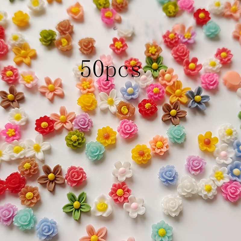 50pcs Mini Flowers Nail Art Decorations, Cute Resin Small Floral Charms For Diy Manicure Accessory