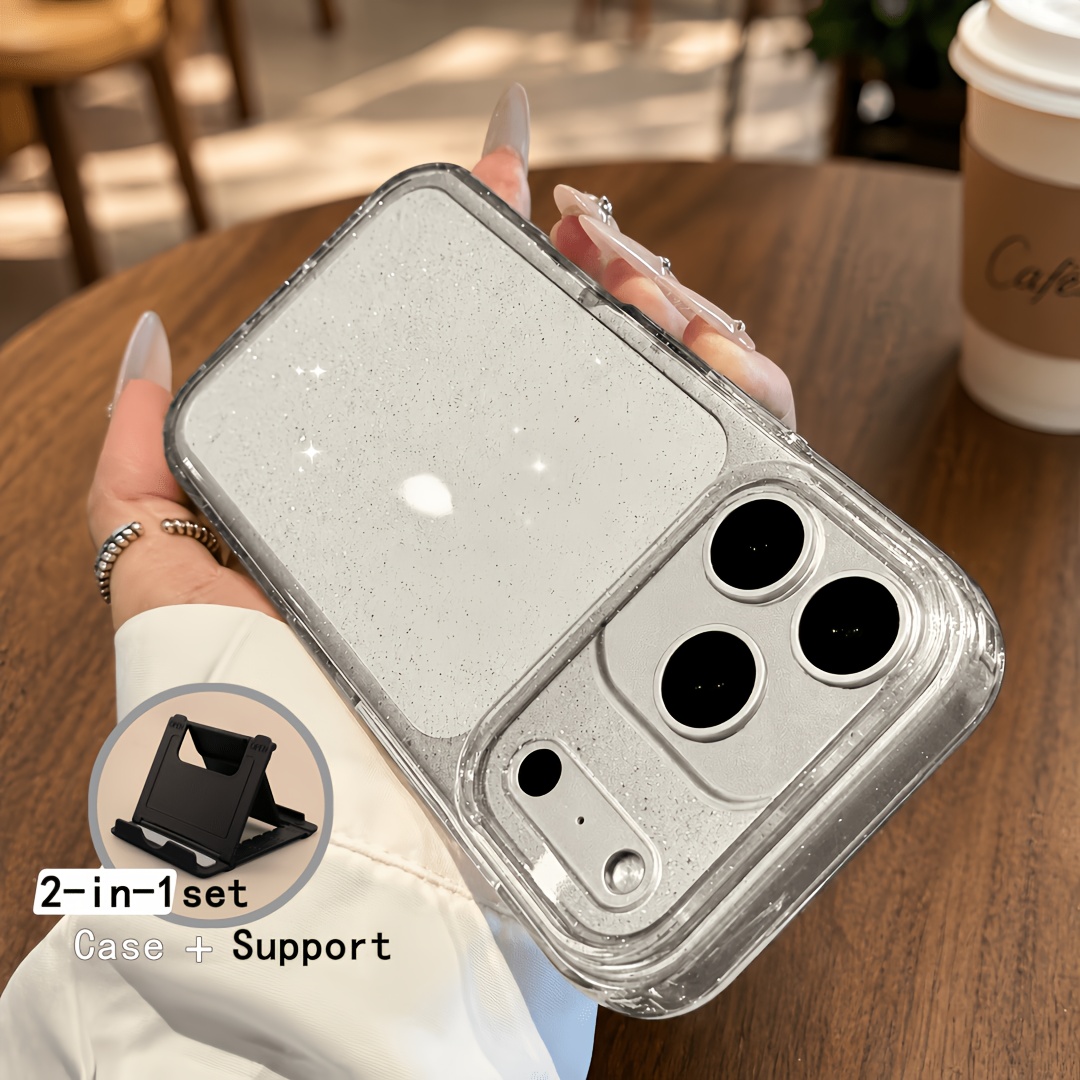 TEMU Phone Case - 2pcs (1 Case And 1 Support) Luxury Transparent Glitter Phone Soft Case Suitable For 18 Pro Max 17 Pro Tpu Material Anti-drop Lens