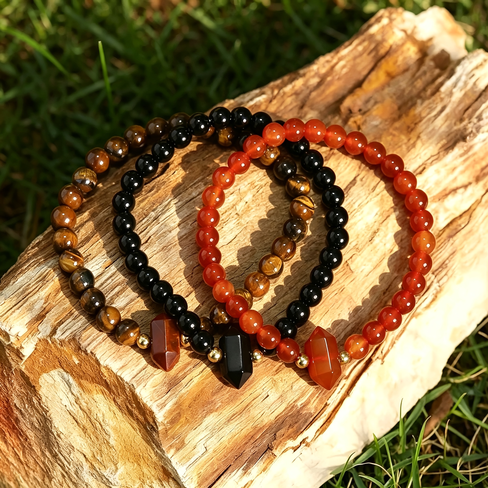 Natural Stone Beaded Bracelet with Tiger Eye & Agate, Handmade
