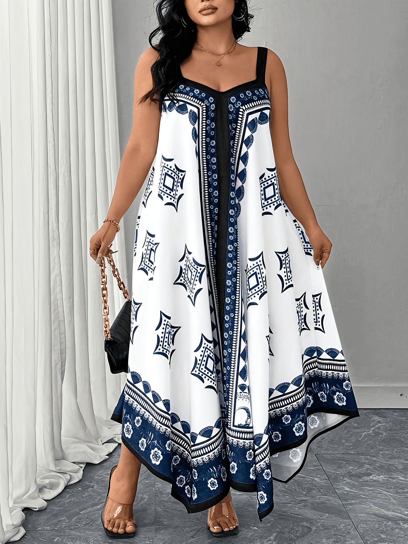 spaghetti strap contrast print swing maxi vacation dress Spaghetti Strap Contrast Print Swing Maxi Vacation Dress