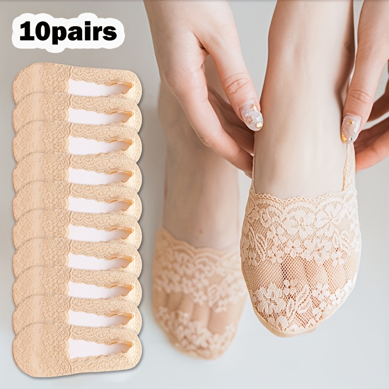 Image of 10-pair Women's Apricot Socks, Thin Mesh Breathable Jacquard Silicone Anti-slip Non-slip Heel Solid Color Invisible Socks, Fashionable And Versatile