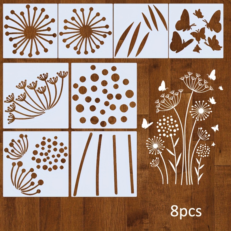 

8-piece Large Dandelion Stencil Kit With Stems And Leaves - Pet Flower Templates For Home Garden Decor, Reusable Wall & Fence Painting Stencils For Diy Crafts And Furniture