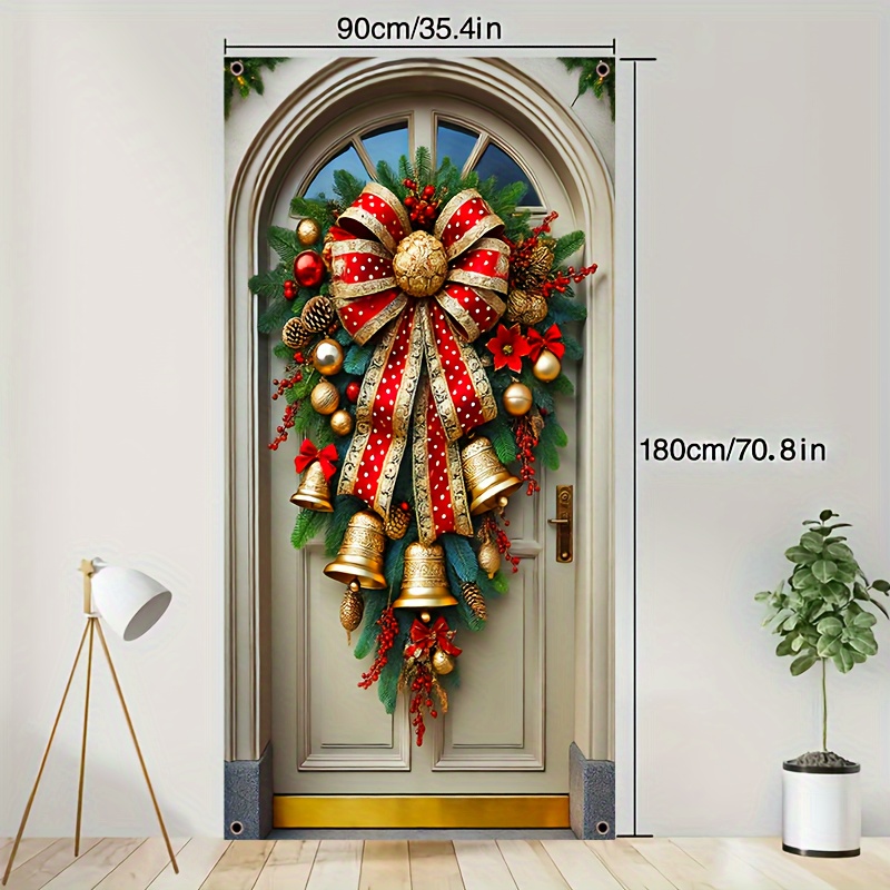 

2d Door Banner 1pc Polyester Christmas Door Wreath Banner With And Red Bow - Multipurpose, No Electricity Needed, Fit For Home & Event Decoration