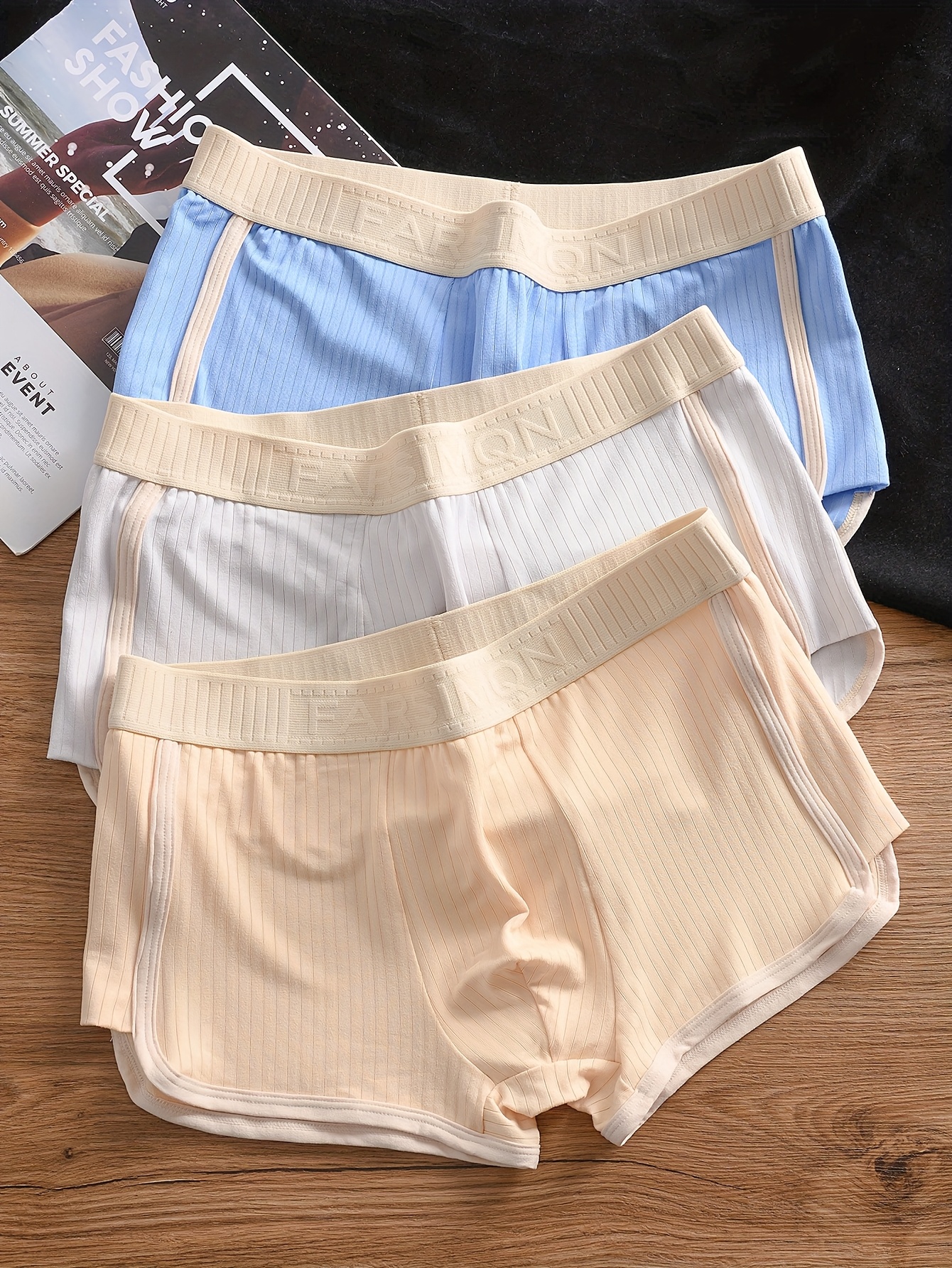 3pcs Men's Boxer Briefs - Breathable Mid-Rise Underwear with Elastic Waistband, Soft Stretch Polyester-Spandex Blend, Non-See-Through Knit Fabric, Solid Colors (Light Blue/Beige/White/Light Khaki) - Machine Washable, Everyday Comfort, Minimalist Design, Durable Construction, High Elasticity