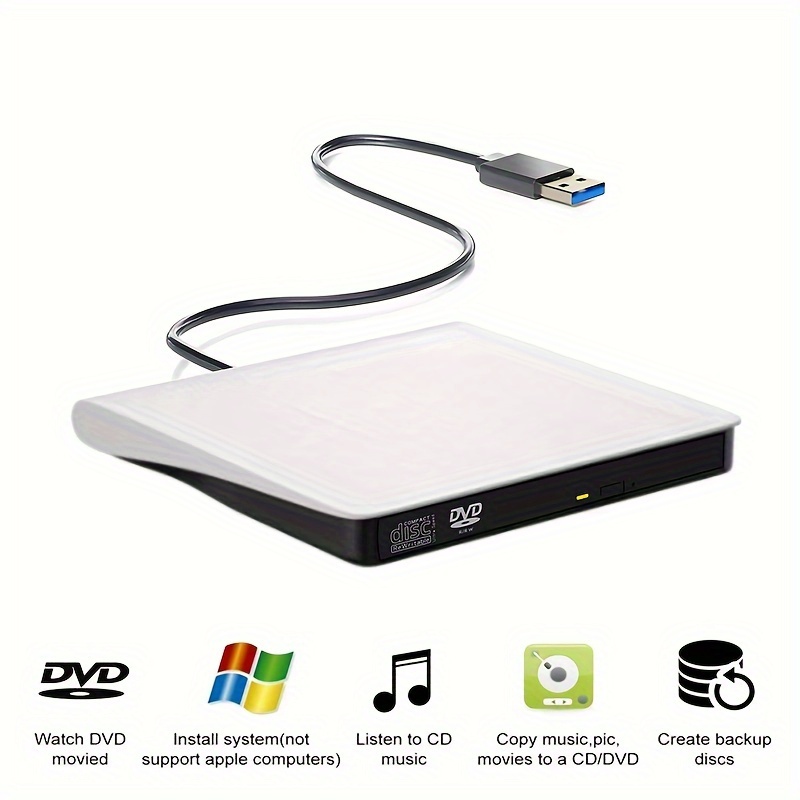 External DVD Drive USB 3.0 Portable Type c Compatible CD DVD Player Compatible With Laptop Desktop PC Windows Linux IOS Black White