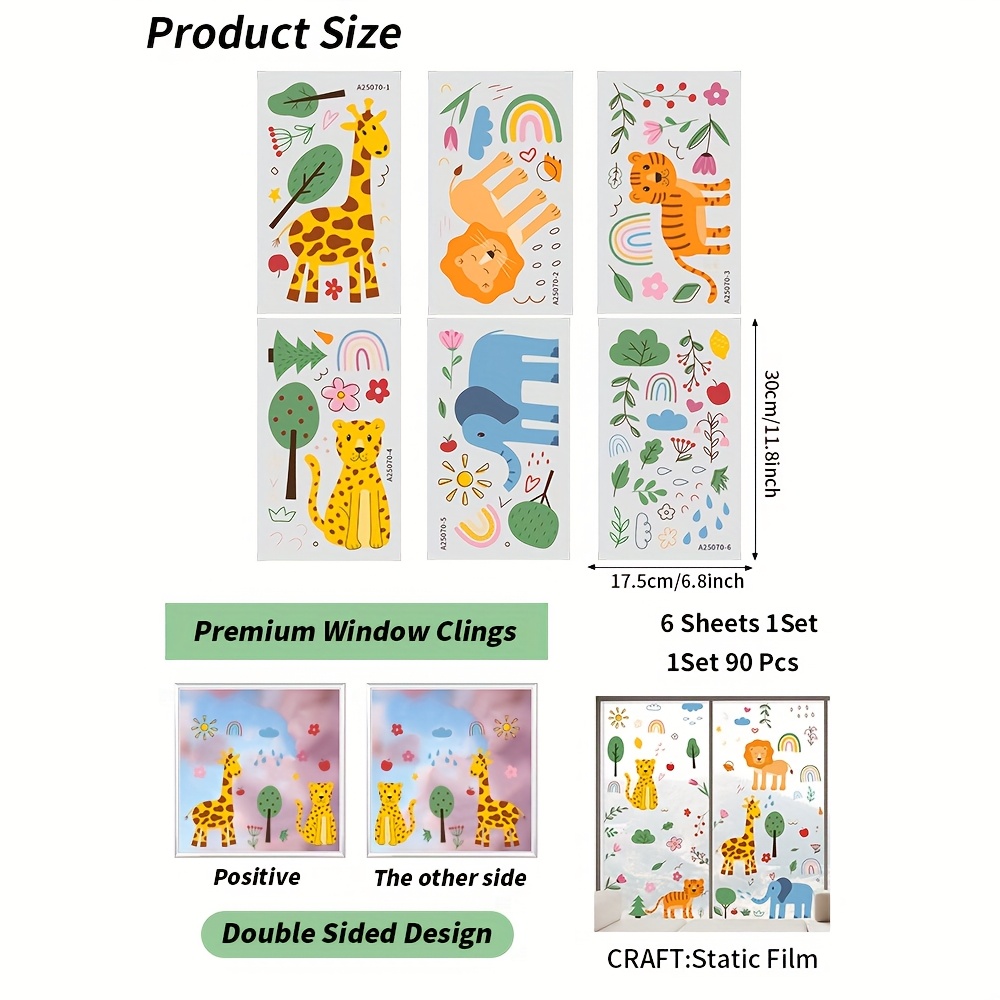 Image of 90pcs 1set Decorative Electrostatic Sticker Glass Stickers Cartoon Forest Animals Rainbow Pattern Window Glass Stickers Pvc Double-sided Glue-free Window Film Removable Glass Window Flowers