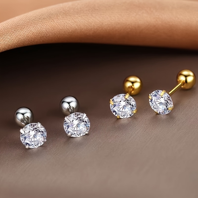 Cubic Zirconia Stud Earrings for Men, Threaded
