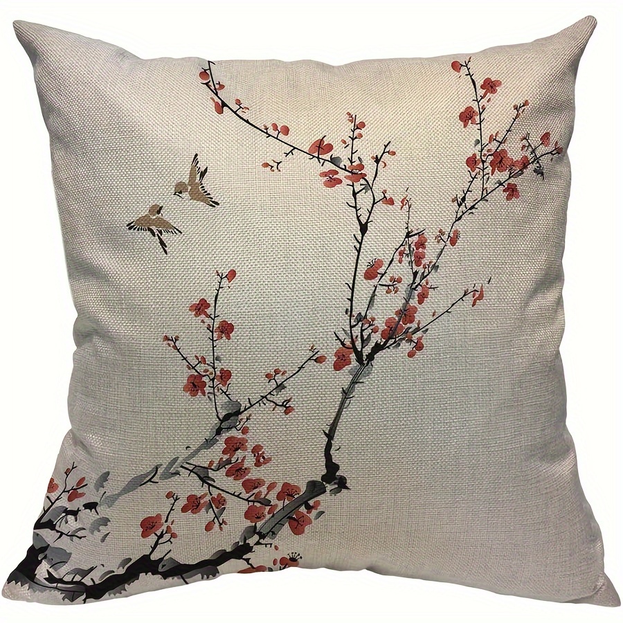 

Contemporary Linen Throw Pillow Cover With Chinese Plum Blossom And Sparrow Design, Decorative Cushion Case For Home Decor, Single-sided Print, Zipper Closure, Machine Washable - For Couch, Bed, Sofa