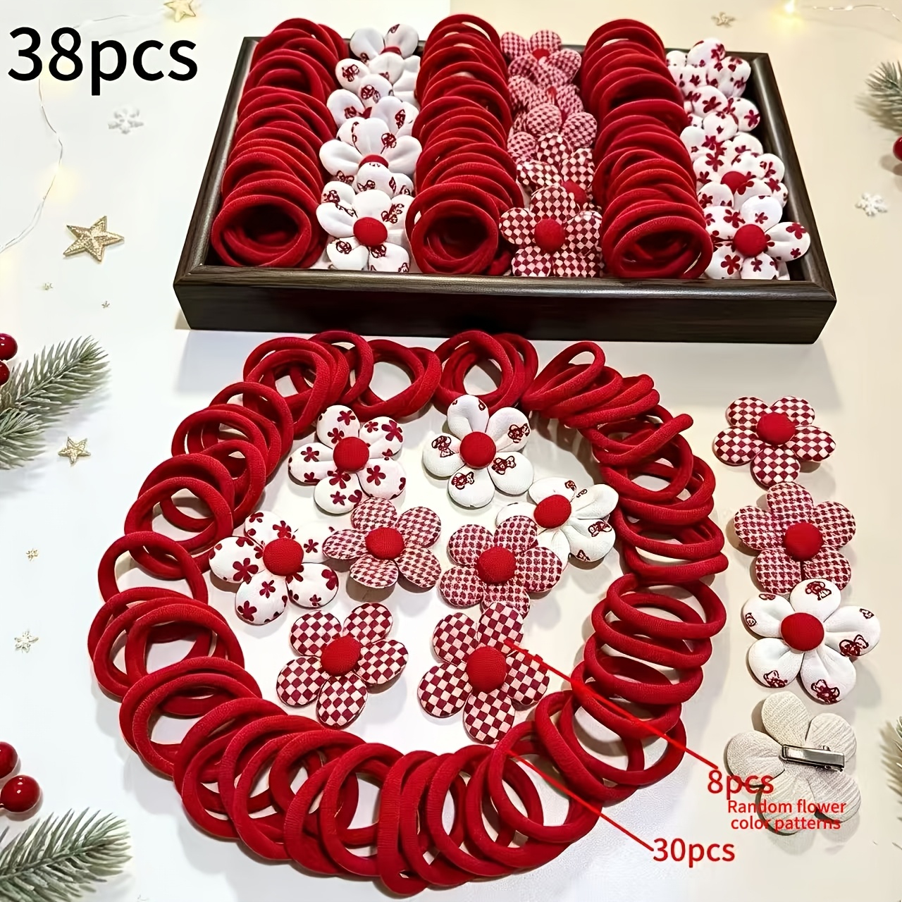 TEMU 38pcs 30pcs Red Hair Ties + 8pcs Random Color Flower Hair Clips, Year Christmas Holiday Atmosphere Hair Ties, Fabric Heart, , Flower Hair Clips,