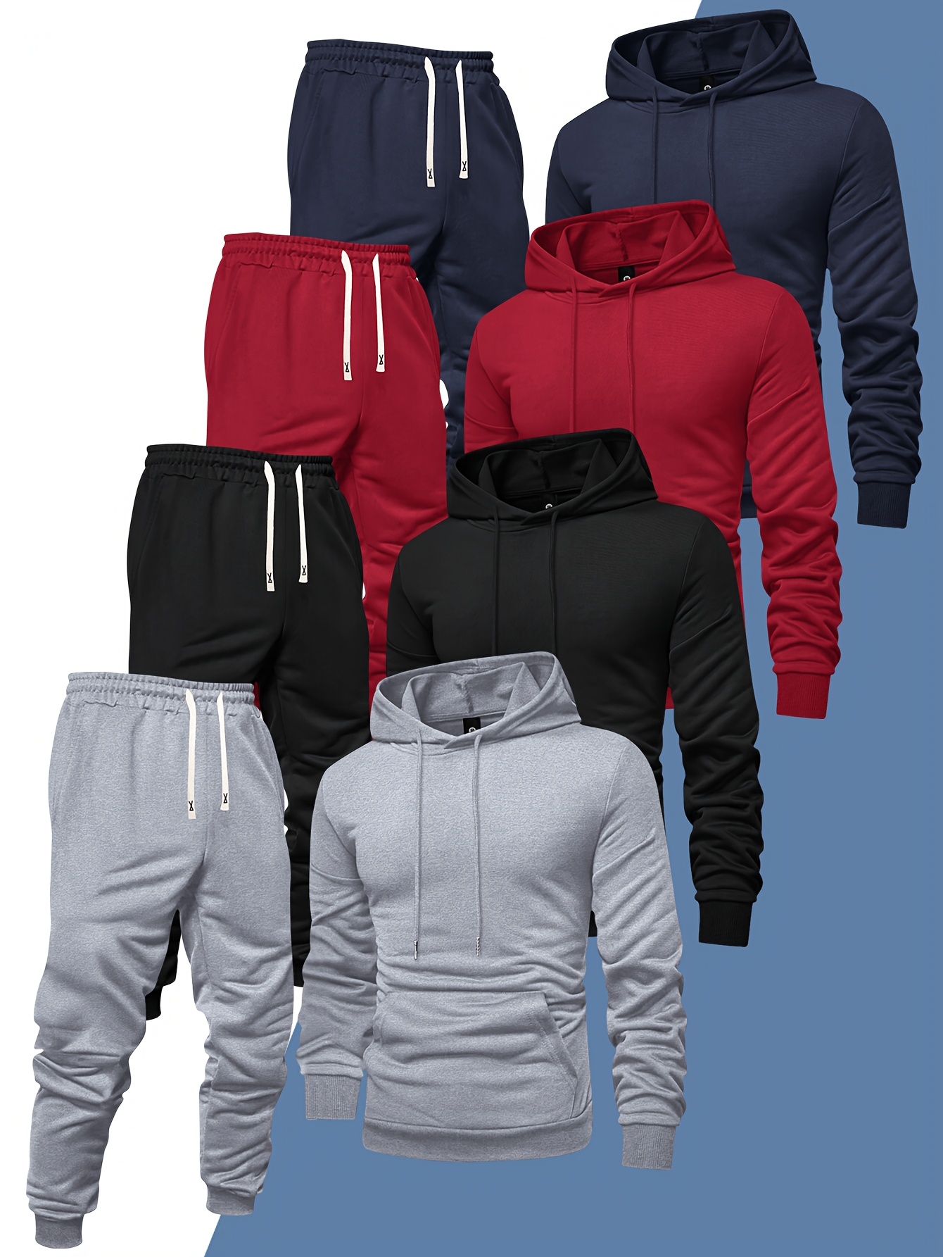 Ensemble de sport décontracté pour homme, 8 pièces : sweat-shirt à capuche + pantalon de survêtement, automne et printemps, couleur unie, pull uni, manches longues, capuche, cordon de serrage, taille élastique, pantalon côtelé à chevilles.
