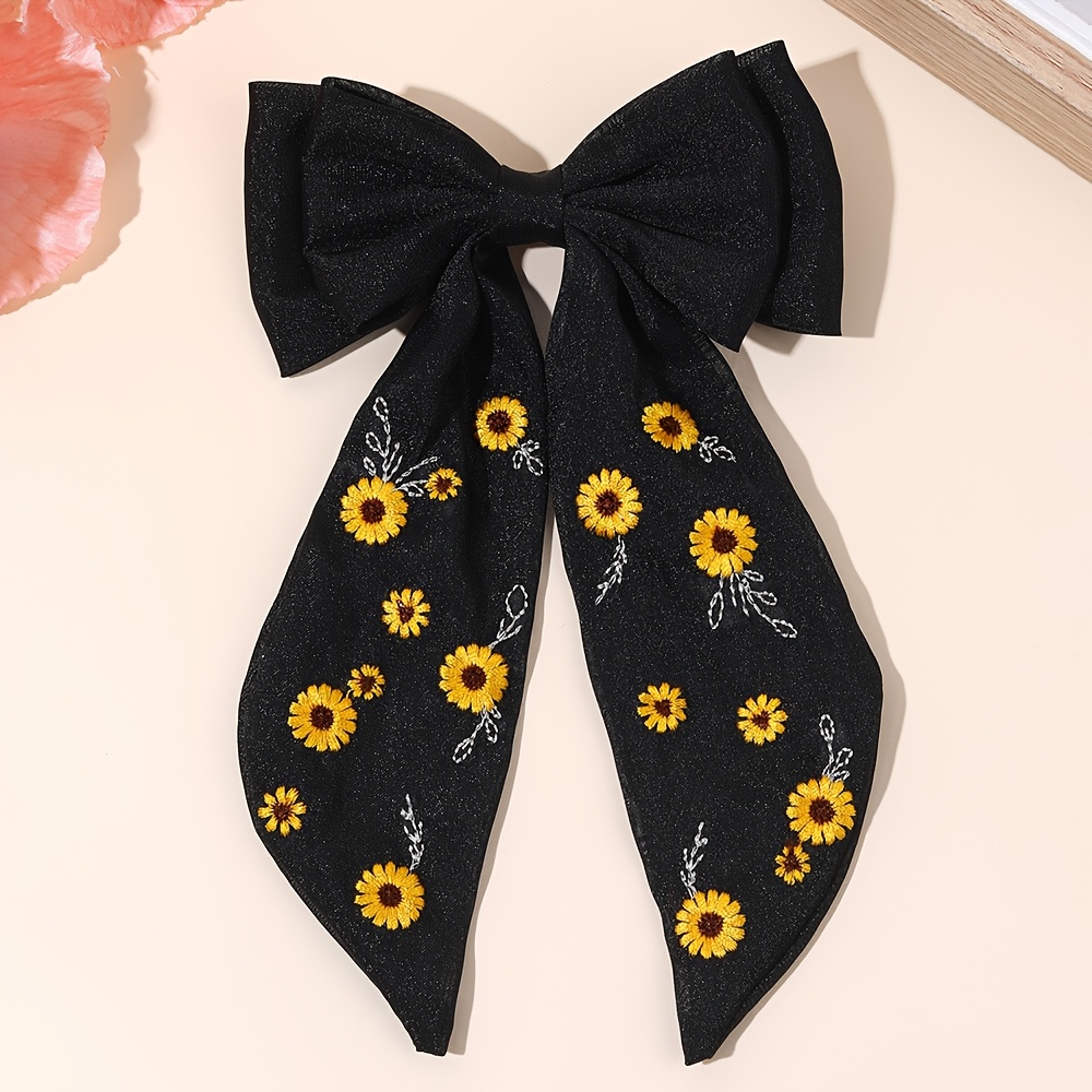 TEMU 1pc White Sunflower Embroidery Bow Hair Clip Chiffon Bow Barrette With Sunflower Embroidery Floral Hair Accessory For Women Summer