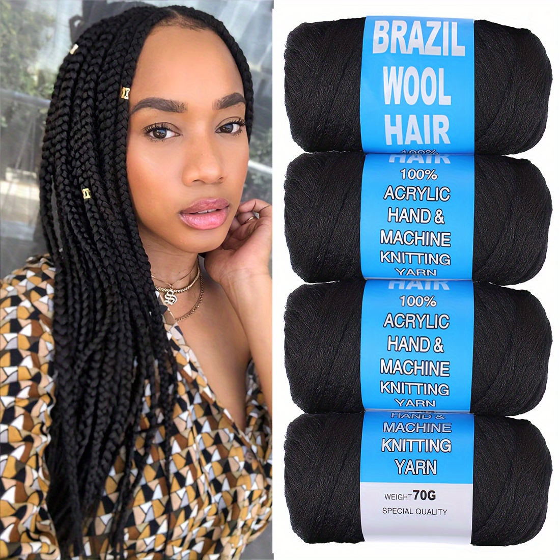 

4pcs Black Brazilian Style Synthetic Hair Extensions - Crochet Braids With Twist & Locs - Soft Acrylic Yarn Blend For Womens Fashionable Box Braids