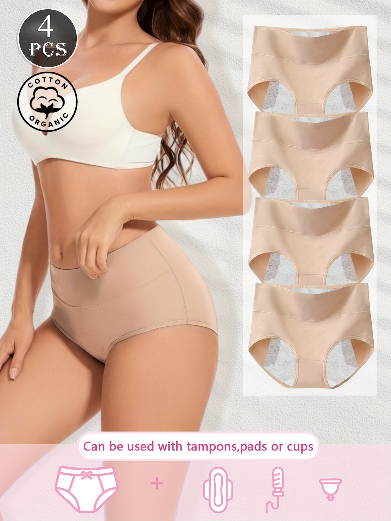 4-Pack Women s High-Waist Panties, Solid  -Size Period Panties with Leak Protection, Full Coverage High   Underwear, Sizes XS-XXL
