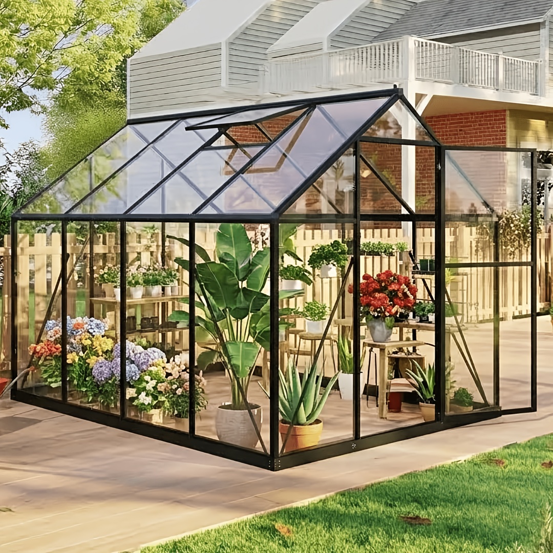 Walk-in Outdoor Greenhouse 6.4x5.58ft 6.4x7.35ft Polycarbonate Greenhouse, Heavy Duty Aluminium Frame, Lockable Door, Vented Roof Window, Easy Assembly House