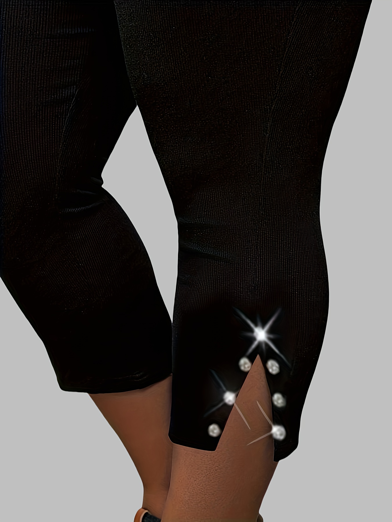 Plus Size, Plus Size High-Waisted Stretchy Rhinestone-Embellished Side Slit Capri Pants - Solid Black Casual Outdoor Leggings for Women, Spring/Summer Fashion, High Waist Pants, Spring Summer Apparel, Nontransparent Fabric, Spring Fashion, Breathable Material, Summer Wardrobe