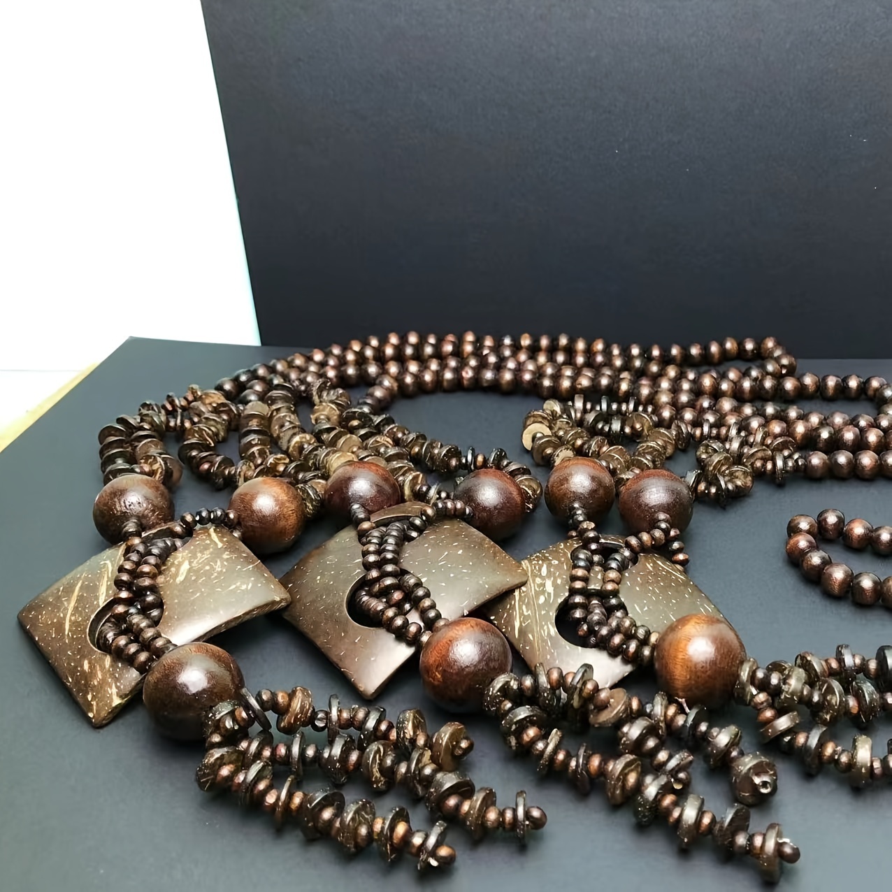 Boho Vintage Coffee Wood Bead Necklace with Pendant