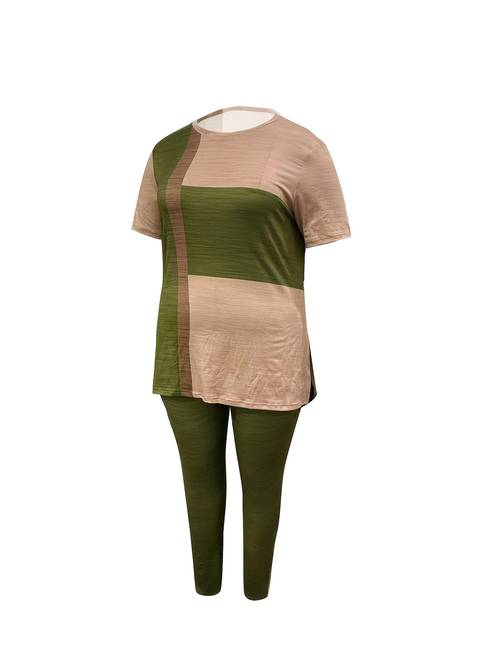 womens casual geometric patterned polyester knit fabric lash set with crew neck long sleeve top and side split tight pants with pockets