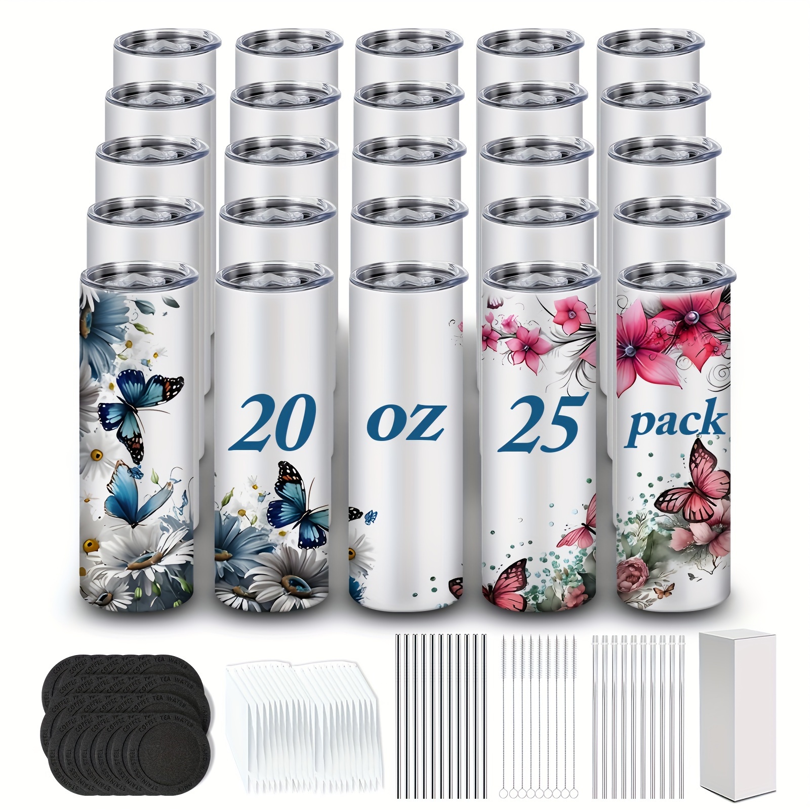 

25pcs, 20oz Skinny Sublimation Tumblers Blanks, With Plastic & Metal Straw Straw Cleaner Rubber Bottom Shrink Wrap, For Tumbler Press Machine Sublimation Oven Sublimation Printing