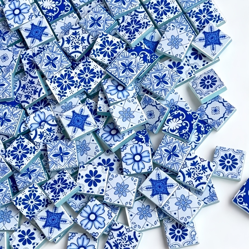TEMU 100/200g Blue White Mixed Color Blue And White Porcelain Combination Surface Pattern .3 X 2.3 Cm Mosaic Tile, Fusible Glass Supplies Exquisite