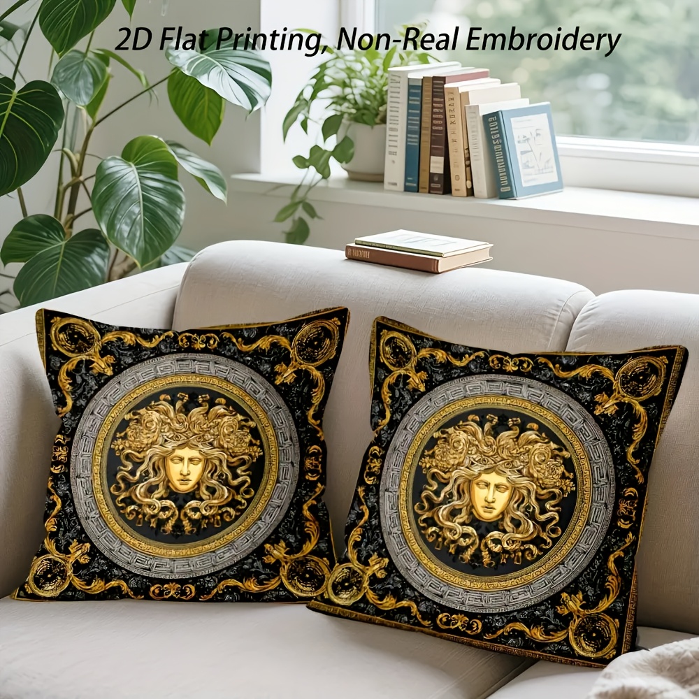 TEMU 2pcs Xl 18x18 Inch Greek Key & Medusa Cushion Covers - Black Golden Plush Pillowcases Suitable For Sofa Room Decor, Zipper Closure Retro Greek