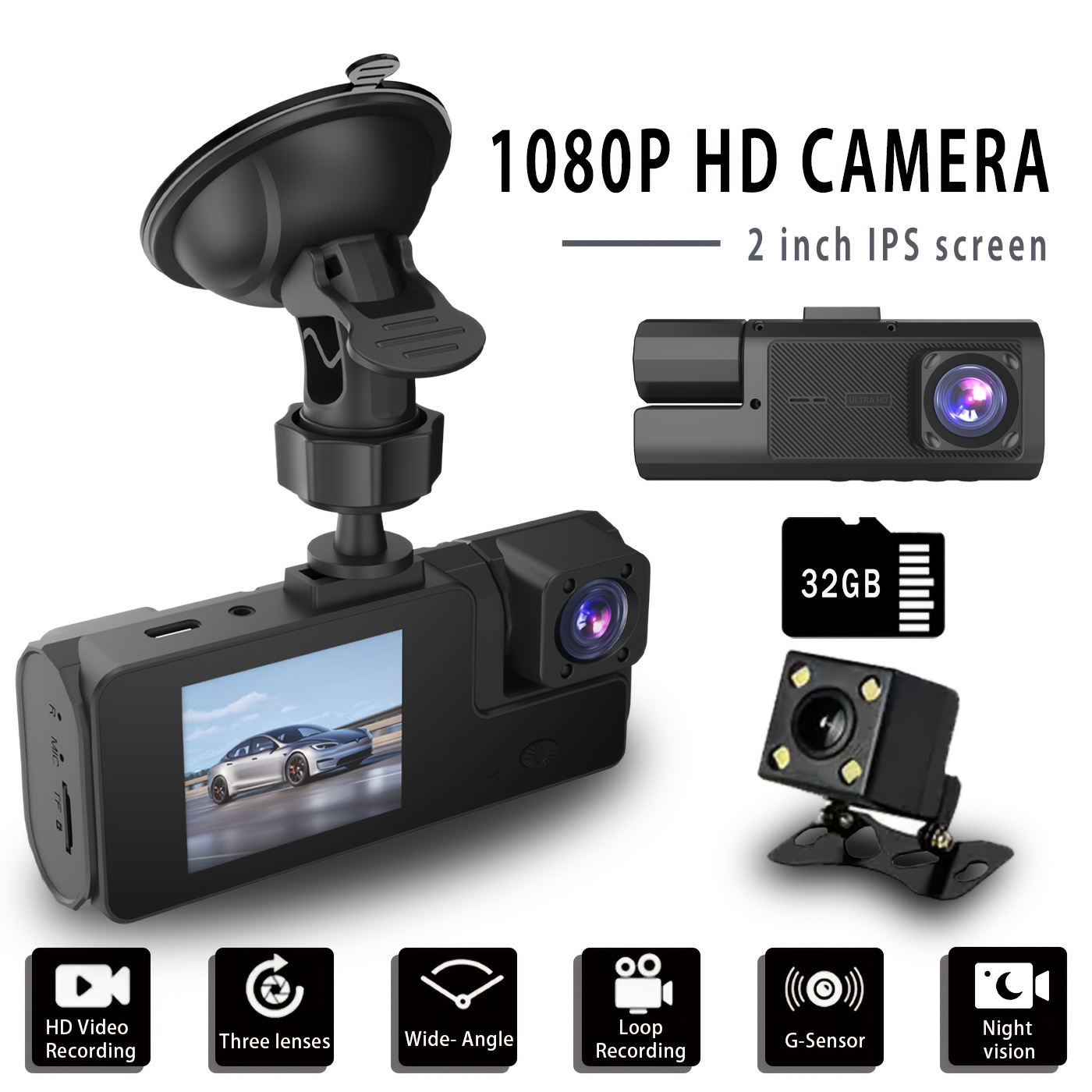 4-Screen 1080P Dual Lens Dash Cam - Front And Rear Car DVR Recorder, 170° Wide