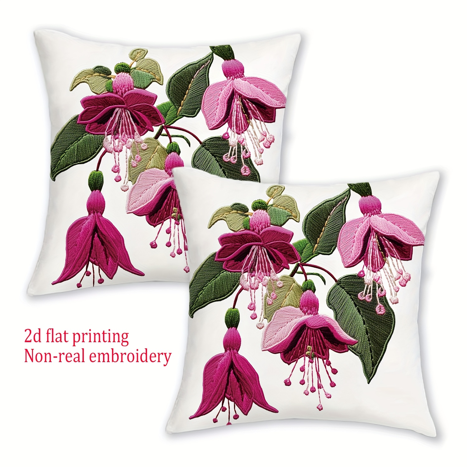 E-shop [JIT] 2er-Set, Kurzplüsch 2D-Flachdruck Kissenbezüge mit fuchsienfarbigen Blumen, keine echte Stickerei, rosa Deko-Kissenbezüge, 18in*18in,