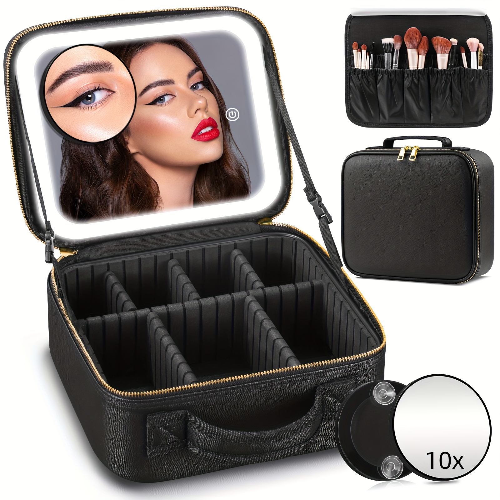 

Travel Makeup Case With Led Lighted Mirror, 3.5-inch 10x Magnifying Mirror, Portable Cosmetic Organizer With Adjustable , 3 Color , Pu Leather, Ideal For Day, Valentine's, Christmas & New Year's Gift