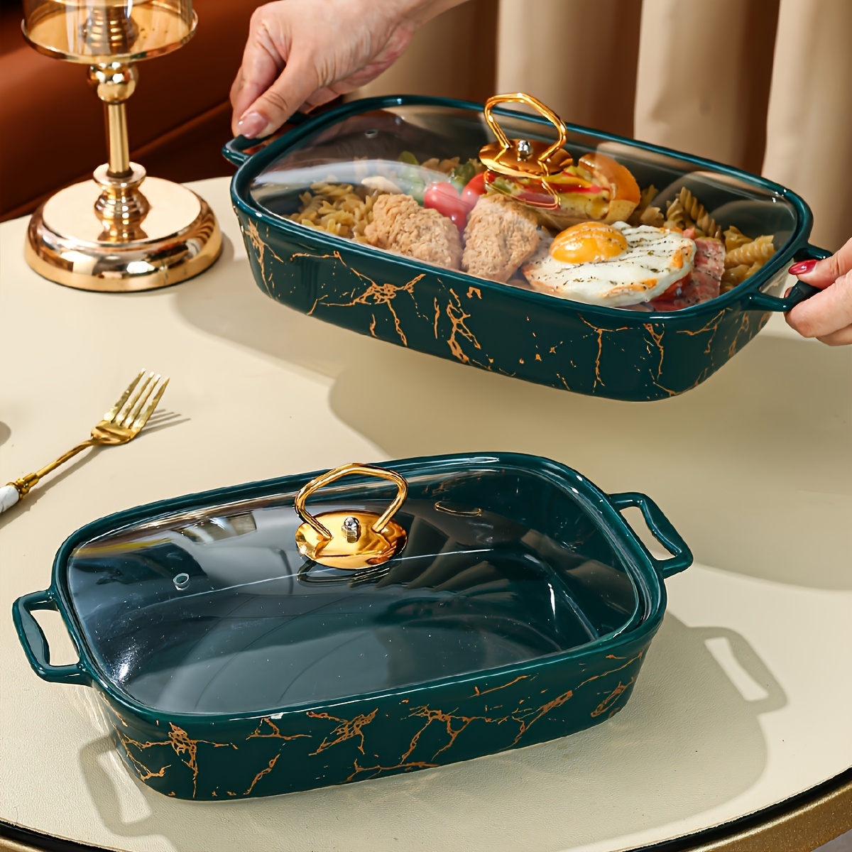 Nordic Golden Pattern Rectangular Ceramic Soup Pot with Lid And Double Ears Dry Pot Large Medium Small Green