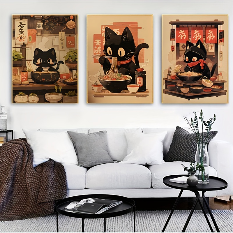 

3-piece Set Of Modern Japanese Black Cat Noodle Canvas Wall Art, 15.7x23.6in - Frameless Posters For Living Room Decor Cat Posters Wall Art
