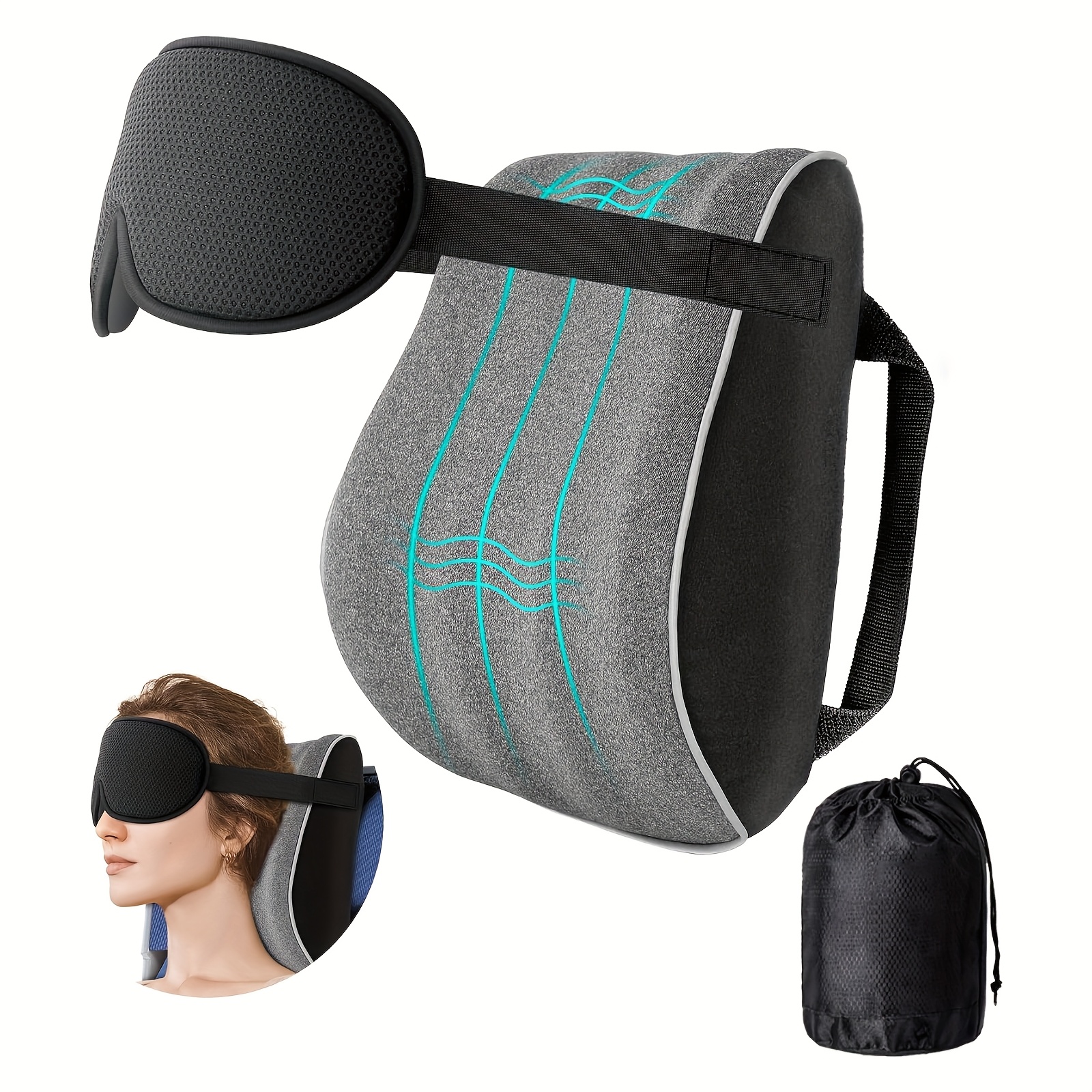 ergonomic travel pillow with eye mask adjustable headrest black   for airplane car office camping home use multi position neck support deep sleep airplane     polyester fabric